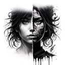 equally split girl face from front with samurai paint tattoo design idea