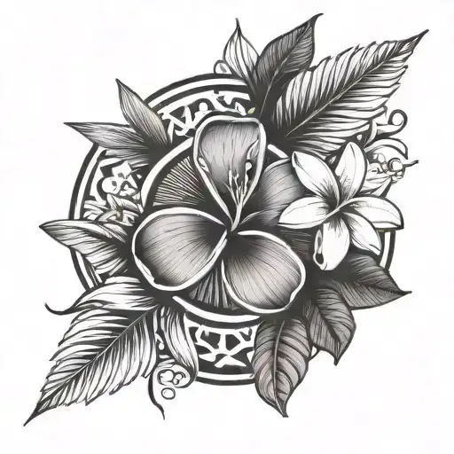 a circular tattoo with the following elements: bottom left a frangipani flower, above it is a palm tr tattoo design idea