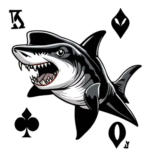 Sailor Shark biting anchor holding playing cards 2 of clubs and 7 of diamonds tattoo design idea