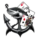 Sailor Shark biting anchor holding playing cards 2 of clubs and 7 of diamonds tattoo design idea