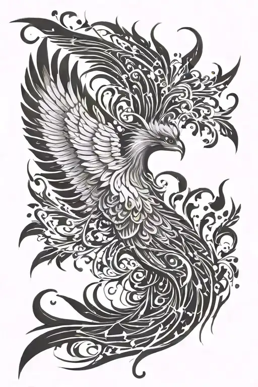 A reborn phoenix, its wings merging into patterns of galaxies and stars. The base of the phoenix can be a tree or roots tattoo design idea