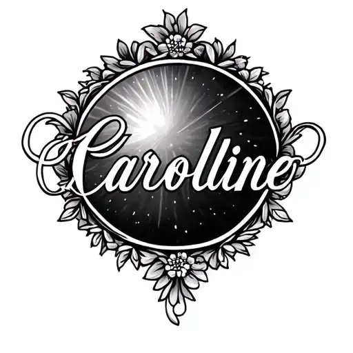 Generate an image of a delicate cursive name tattoo with the name "Caroline" gracefully written. Place a small halo abov tattoo design idea