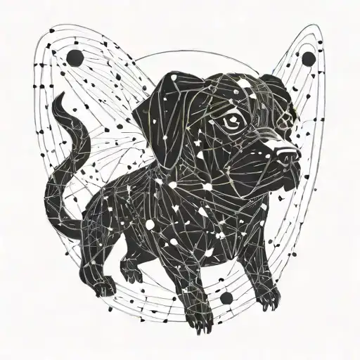 A cosmic dog constellation with binary code intertwined, symbolizing the fusion of technology and space exploration tattoo design idea
