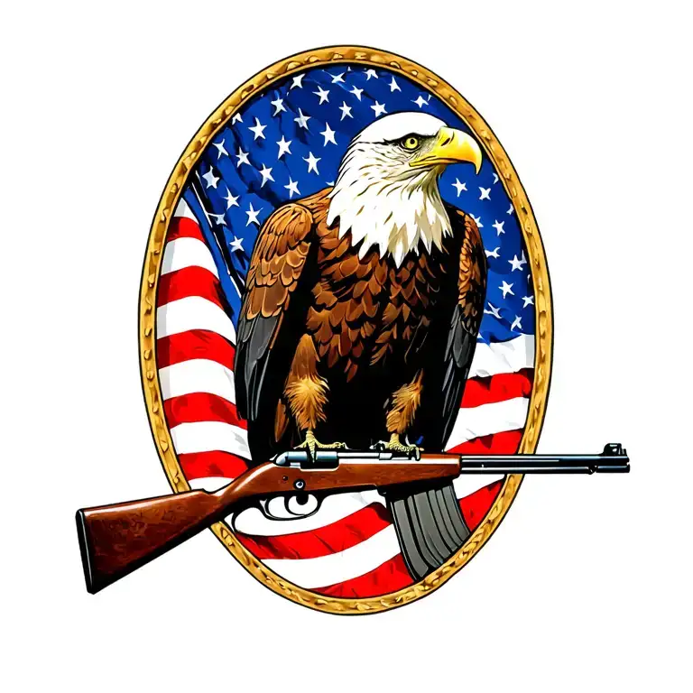 A patriotic bald eagle perched on a rifle with an American flag in the background tattoo design idea