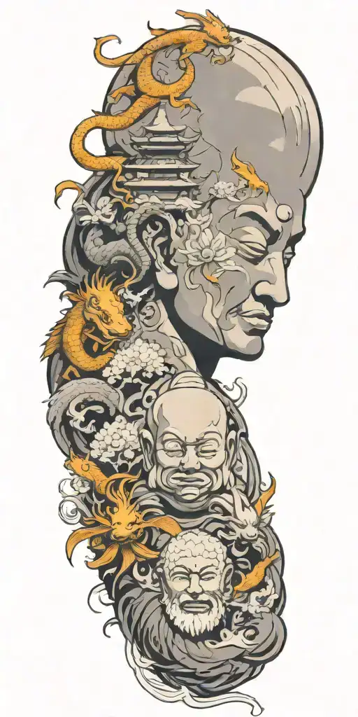 what budism would look like in an anime collage style including Buddha, dragon, koi fish tattoo design idea