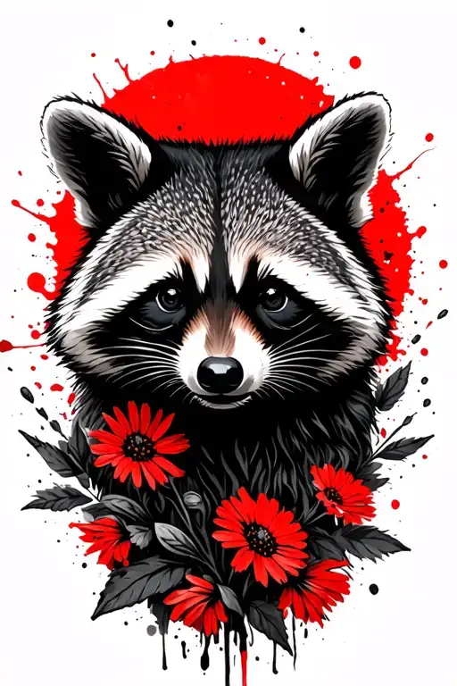 raccoon head, wildflowers in the background black and white tattoo design idea