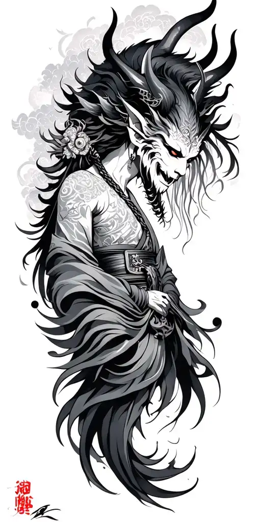 Japanese traditional with God and demon tattoo design idea