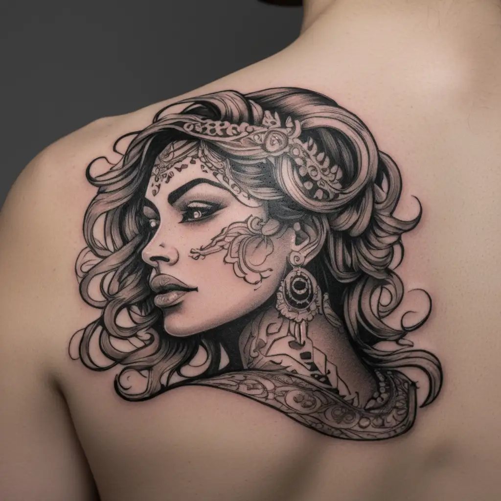 beautiful woman face, looking up, no tattoo, east  indian woman, pretty, full face and hair, neck and shoulders  tattoo design idea