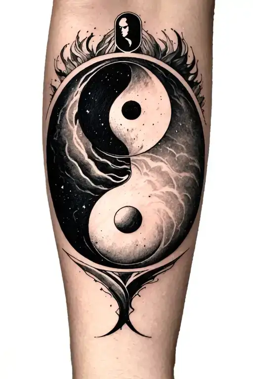 A black ink forearm tattoo featuring a minimalist Yin-Yang symbol  zodiac symbols for Virgo and Aquarius tattoo design idea