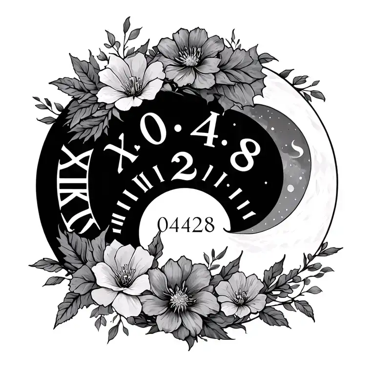 spine tatto with roman numerals for 04/28 and flowers lunar phases and shading and artistic  tattoo design idea