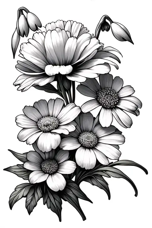 snowdrop, carnation, daisy, sweet pea flowers tattoo design idea