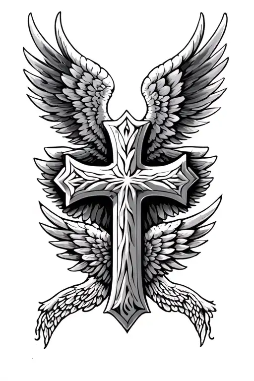 cross and wings tattoo design idea