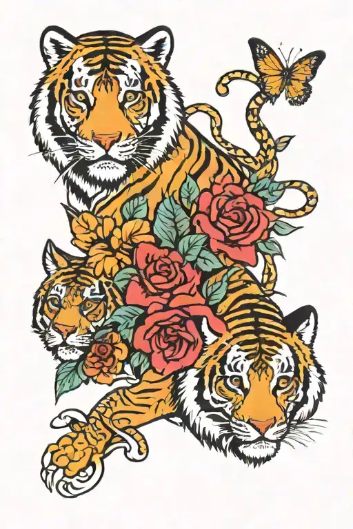 tattoo sleeve with two tigers, a monkey and a dog tattoo design idea