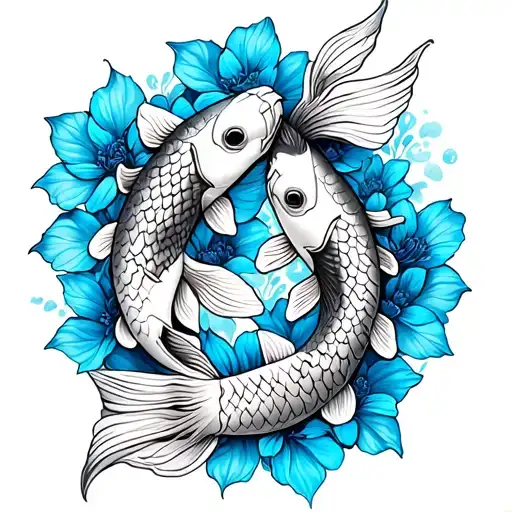 two koi fish with blue japanese flowers tattoo design idea