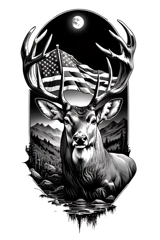 mountains with a stream, moonlight, torn u.s flag, big mule deer buck, and bold not all who wonder are lost compass  tattoo design idea