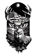 mountains with a stream, moonlight, torn u.s flag, big mule deer buck, and bold not all who wonder are lost compass  tattoo design idea
