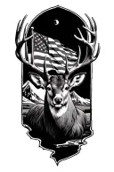 mountains with a stream, moonlight, torn u.s flag, big mule deer buck, and bold not all who wonder are lost compass  tattoo design idea