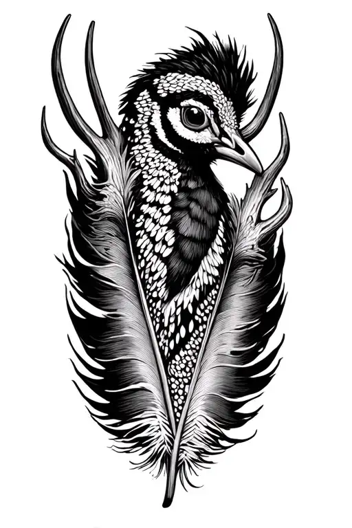 Hunting, use fuck feather pheasant feather and deer antler  tattoo design idea