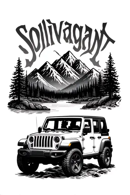 "Solivagant" topless jeep wrangler in wilderness creek and mountains joined together tattoo design idea
