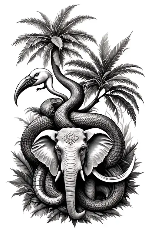 mango, coconut, Sandalwood tree with hornbill, cobra, elephant and Hindu dagger around it tattoo design idea
