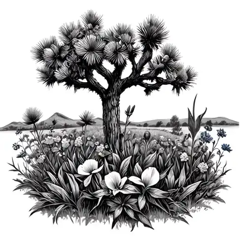 Joshua tree in the middle with an iris, a bluebonnet, a thistle and a flowering dogwood surrounding it tattoo design idea