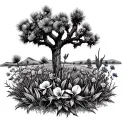 Joshua tree in the middle with an iris, a bluebonnet, a thistle and a flowering dogwood surrounding it tattoo design idea