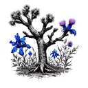 Joshua tree in the middle with an iris, a bluebonnet, a thistle and a flowering dogwood surrounding it tattoo design idea