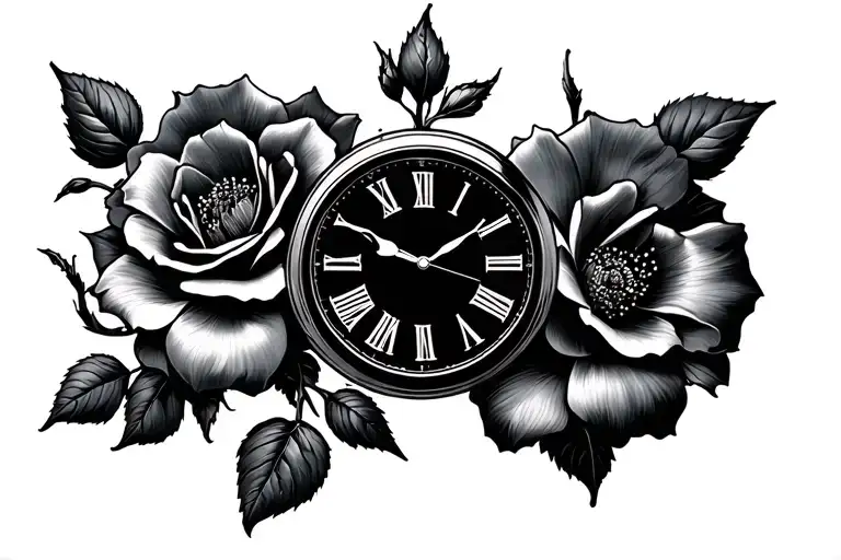 Clock and hollyhock rose surrounded tattoo design idea