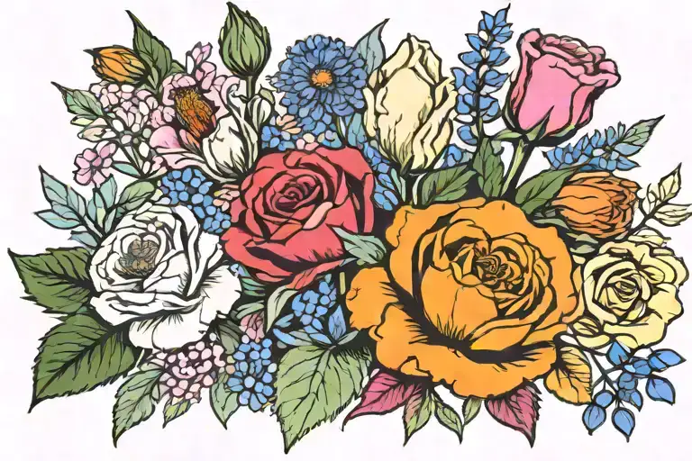 collage of flowers;rose, carnation, honeysuckle,poppy,larkspur, and water lily tattoo design idea