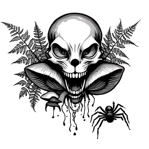 cat skull with ferns behind it and mushrooms with a spider descending from its web on the cats tooth tattoo design idea