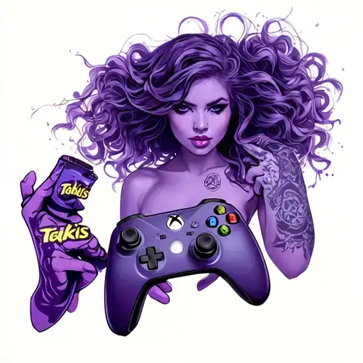 Lady's Chest, With Boobs, With takis In Hand And Xbox Controller In Second Hand Tattoo tattoo design idea