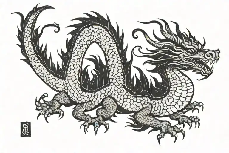 Chinese traditional b&w dragon without wings with long body, 2D styled  tattoo design idea