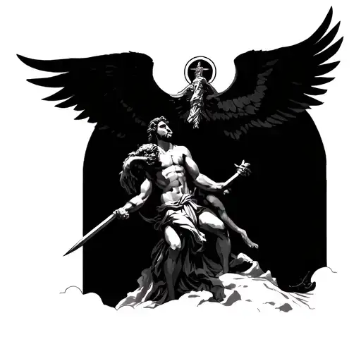 Heaven's Gate above Saint Michael the Archangel slaying a demon tattoo design idea