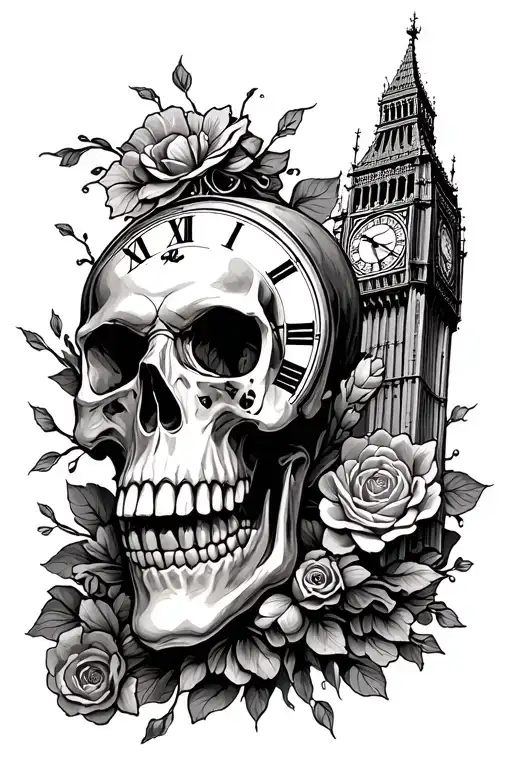 Skull, baby foot, Big Ben Clock Face tattoo design idea