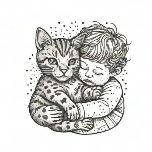 little child hugging ginger cat tattoo design idea
