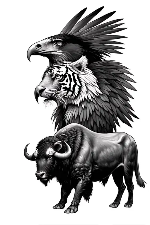eagle, tiger and charging buffaloes leg sleeve with a native American theme tattoo design idea