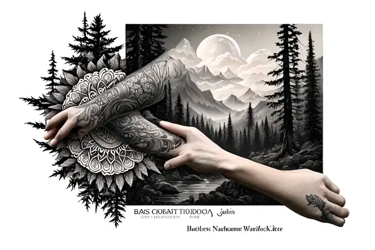 realism style Forrest and nature on  forearm with mandala vibe tattoo design idea