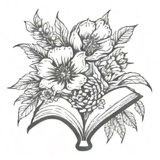 January, march, august, September, October, November, December birth flowers, bursting out of an ancient open book tattoo design idea