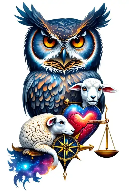Owl , Lion, Lamb, anchor, compass, scale balancing heart and brain. Galaxy and Universe  tattoo design idea