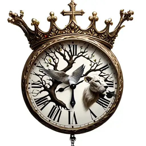 Add a crown to the image with a time piece, a tree of life, a lions head, a lambs head, a dove and a cross tattoo design idea