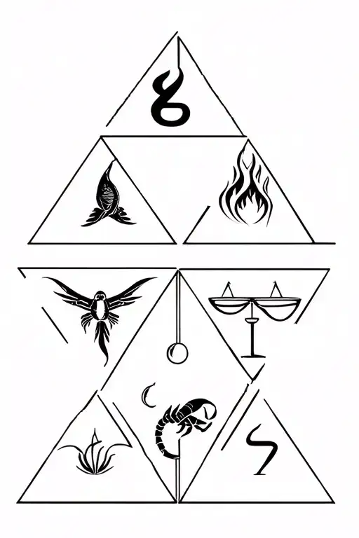 4 triangles representing the elements of water, water, fire and air with the signs of the zodiac fish, beer, balance, scorpion tattoo design idea