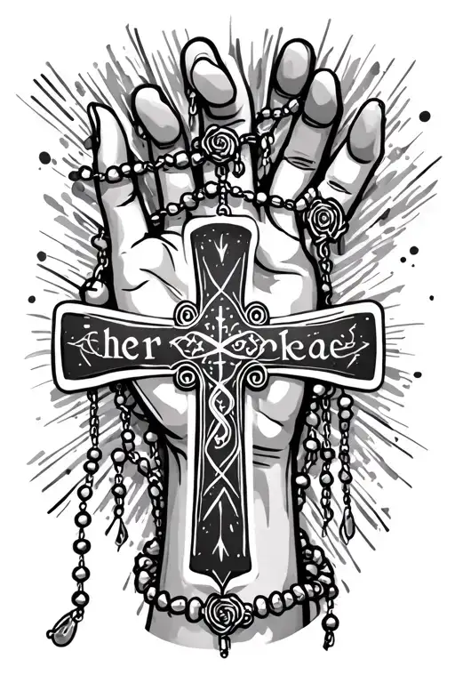 "her necklace" hand tattoo of cross with rosary beads going down wrist saying her necklace tattoo design idea