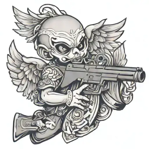 cherub aiming ak47 bag of money shiesty mask tattoo design idea