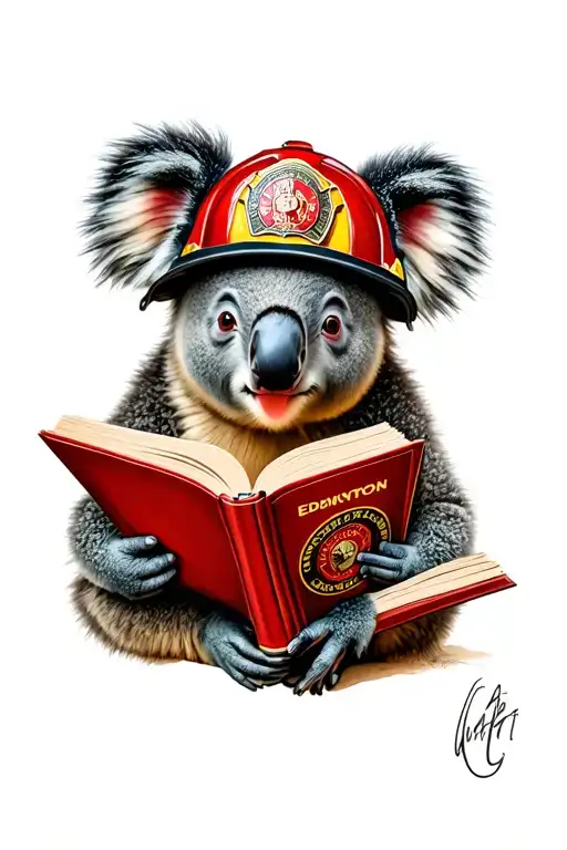 tattoo image of a koala reading a book with a Edmonton fire department helmet tattoo design idea