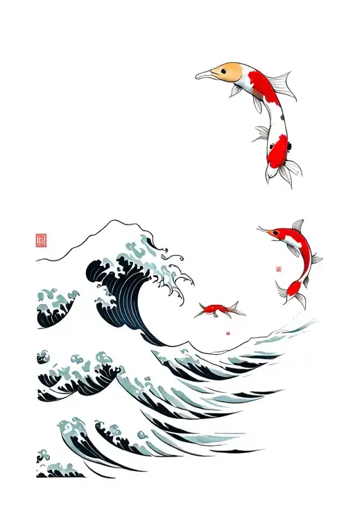 Make a tattoo inspired by the great wave of kanagava and koi fish. Use only black, white and red colours. tattoo design idea