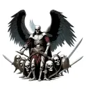 pack of skeletong crusaders holding swords and shields with archangel michael flying above them. tattoo design idea