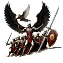 pack of skeletong crusaders holding swords and shields with archangel michael flying above them. tattoo design idea