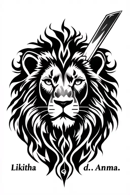 "Likitha ❤️.  Amma. " Tribal tattoo with 3D lion head calm staring back. surgical knife included, doctor logo included tattoo design idea