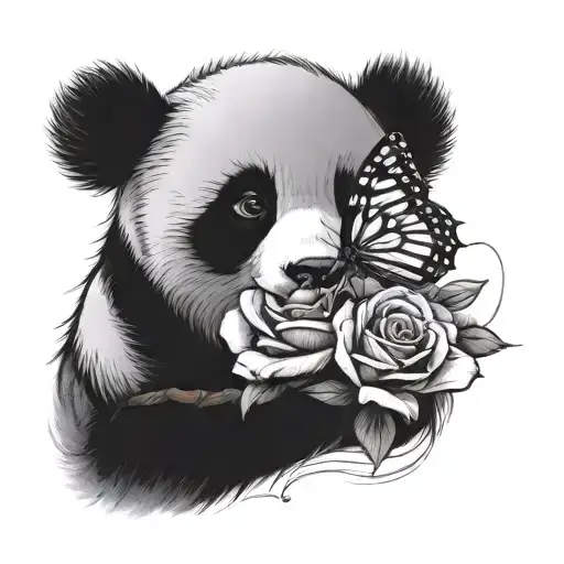 Panda sitting on an open rose reaching for a butterfly tattoo design idea