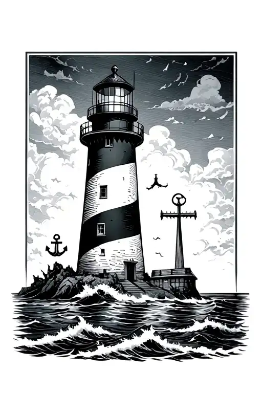 lighthouse right side and anchor on the left side tattoo design idea